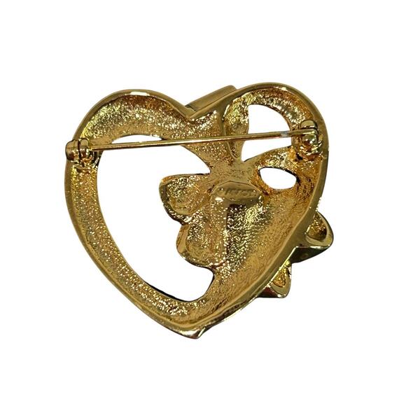 Vintage Goldtone Brooch Pin Heart Shape with Bow Orange Crystal 1.5 Inch - Picture 3 of 6